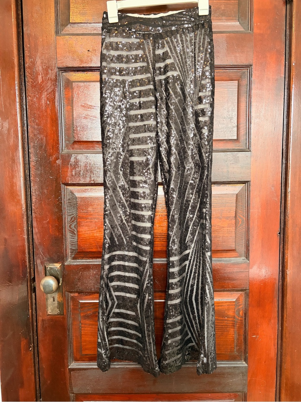 Source Unknown Black Sequin Flare Pants with Geometric Stripe Design
